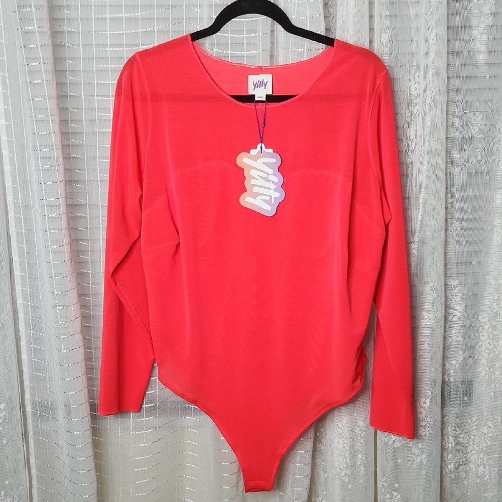 NWT Yitty Hot Pink Meshed Me Smoothing  Sleeved Thong Bodysuit Plus Size 3XL